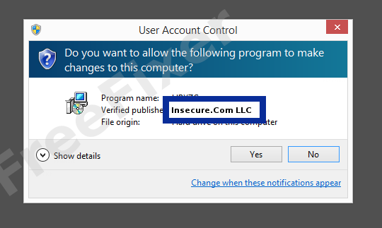 Screenshot where Insecure.Com LLC appears as the verified publisher in the UAC dialog